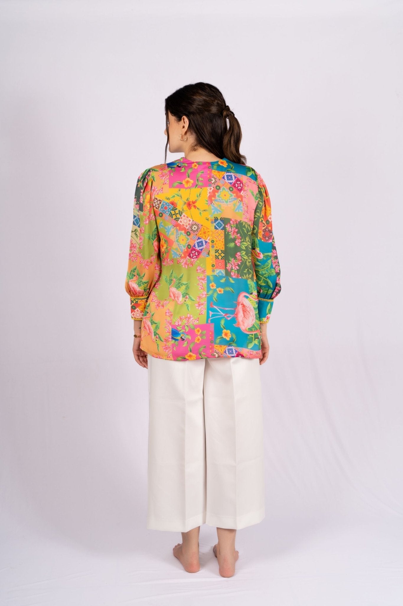 Cara Botanical Patch Print Satin Shirt - doeraa
