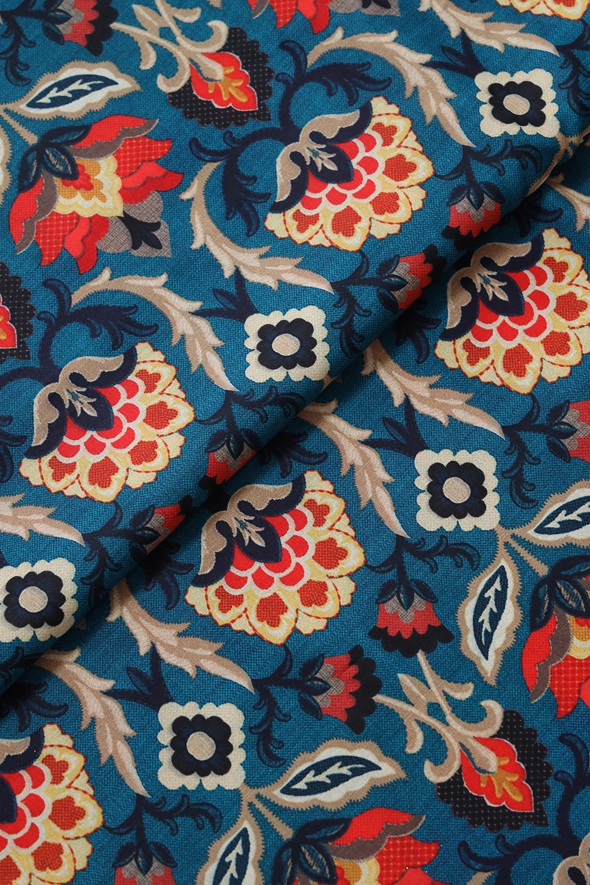 Cerulean Blue Traditional Pattern Digital Print On Mix Polyester Fabric - doeraa