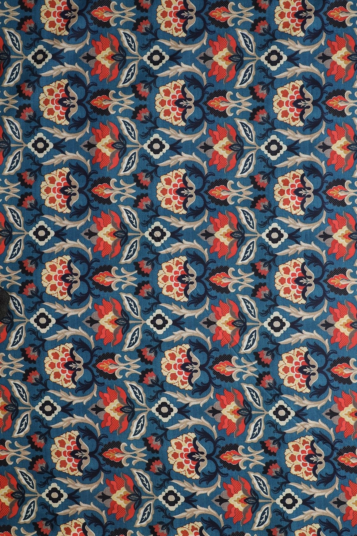 Cerulean Blue Traditional Pattern Digital Print On Mix Polyester Fabric - doeraa