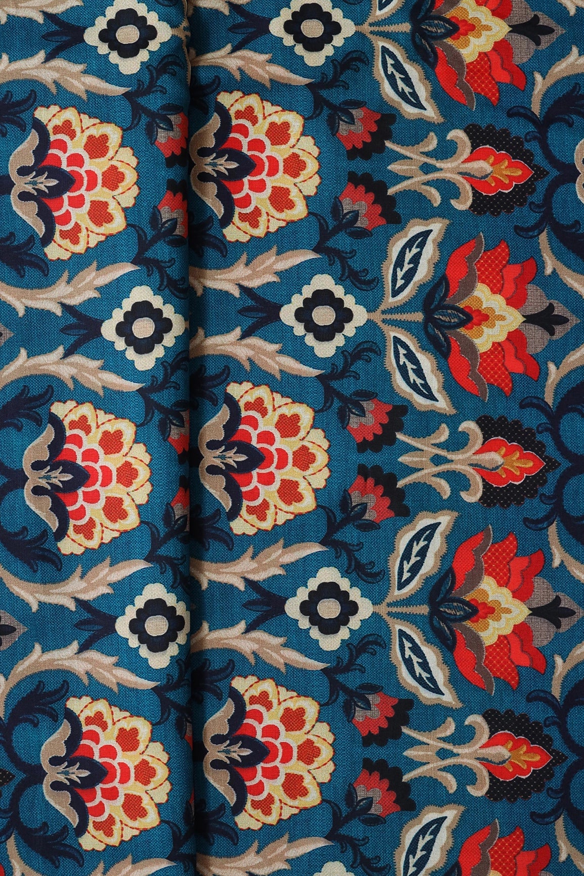 Cerulean Blue Traditional Pattern Digital Print On Mix Polyester Fabric - doeraa