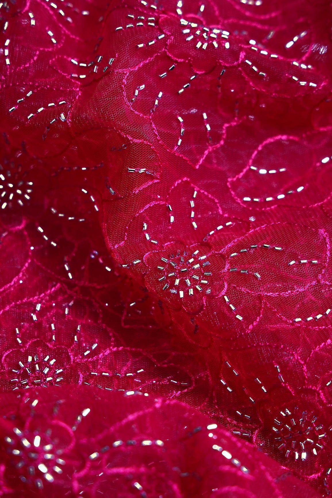 Cherry Red Thread With Beads Floral Embroidery Work On Cherry Red Soft Net Fabric - doeraa