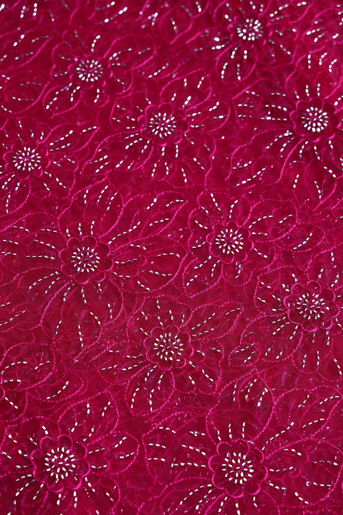 Cherry Red Thread With Beads Floral Embroidery Work On Cherry Red Soft Net Fabric - doeraa