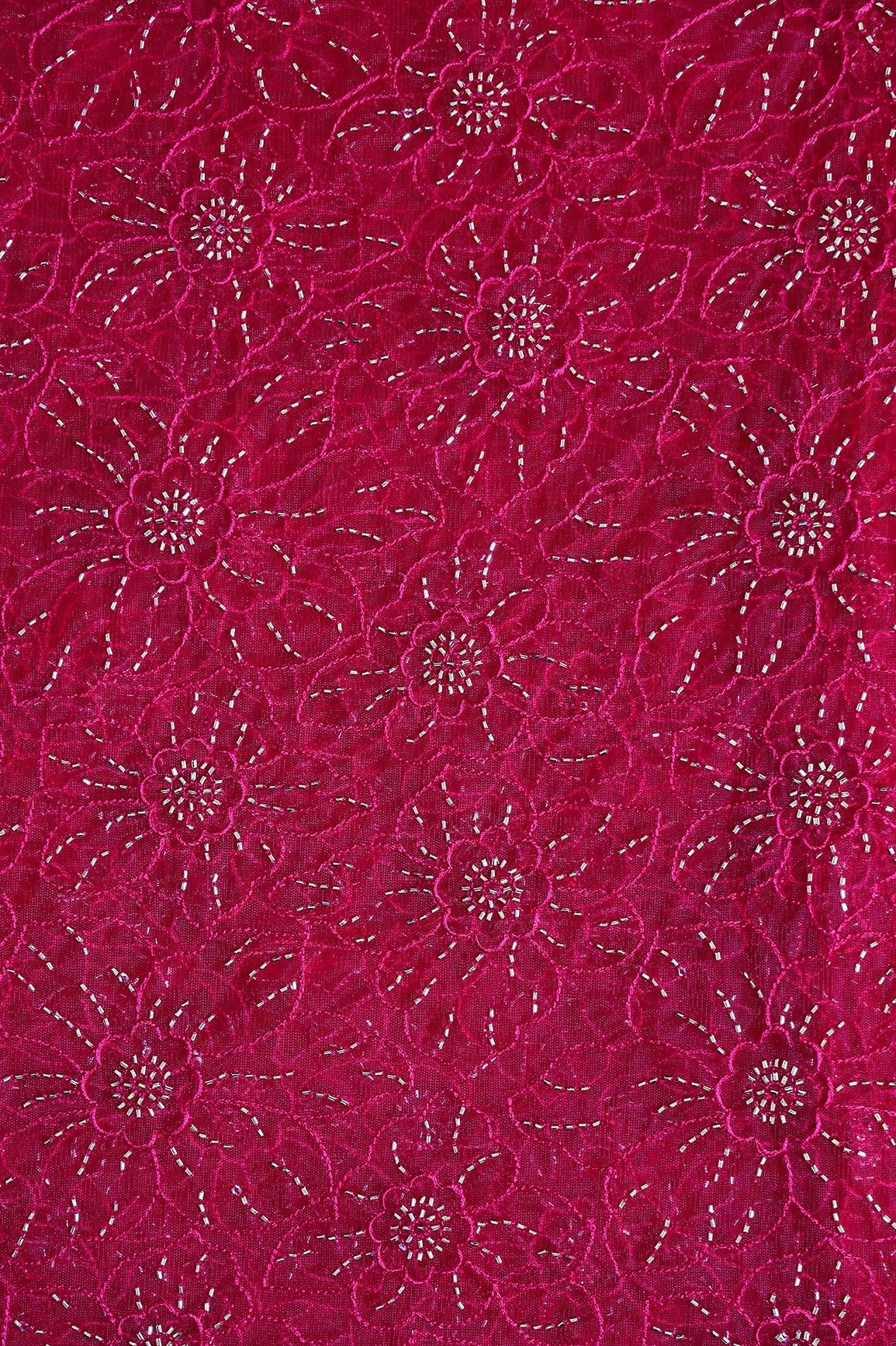 Cherry Red Thread With Beads Floral Embroidery Work On Cherry Red Soft Net Fabric - doeraa