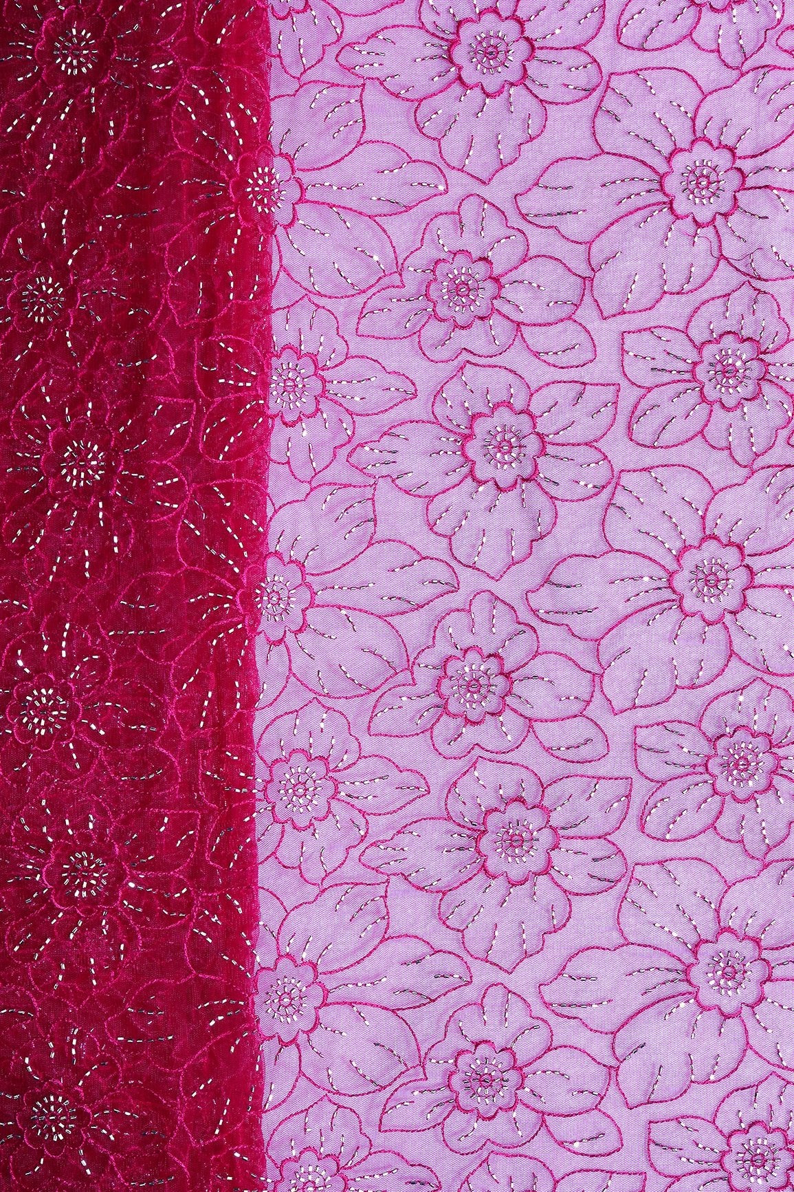 Cherry Red Thread With Beads Floral Embroidery Work On Cherry Red Soft Net Fabric - doeraa