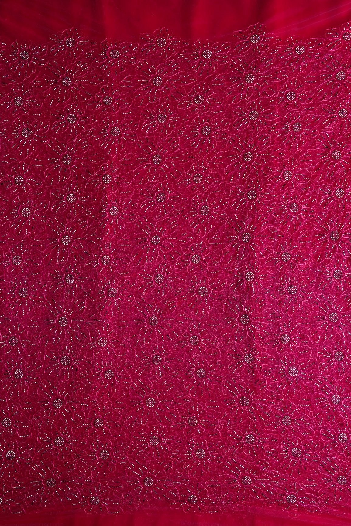 Cherry Red Thread With Beads Floral Embroidery Work On Cherry Red Soft Net Fabric - doeraa