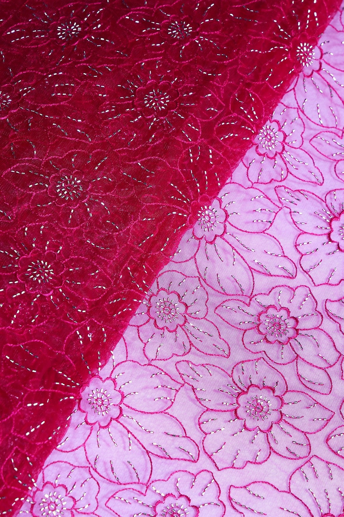 Cherry Red Thread With Beads Floral Embroidery Work On Cherry Red Soft Net Fabric - doeraa
