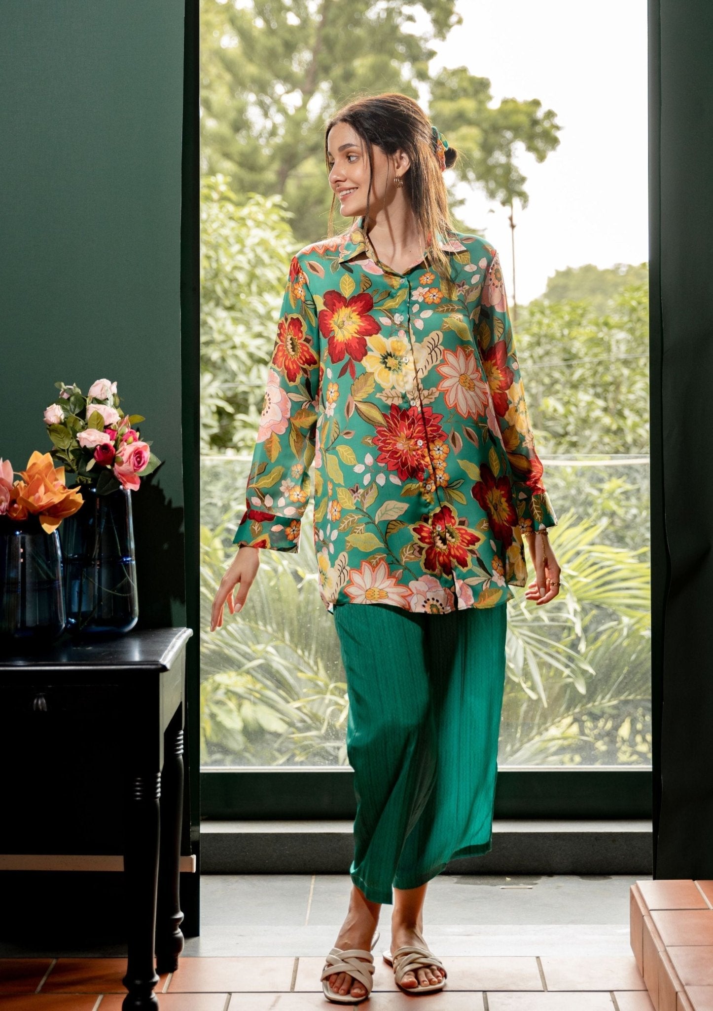 Chroma Floral Satin Co - ord Set - doeraa
