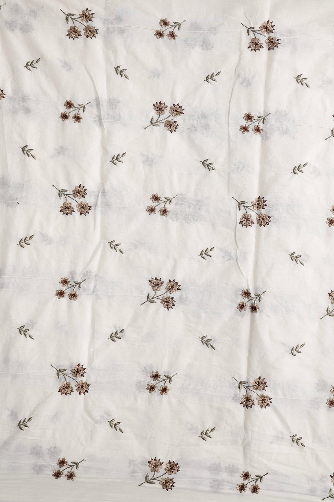 Coffee And Beige Thread Beautiful Floral Embroidery Work On Off White Organic Cotton Fabric - doeraa