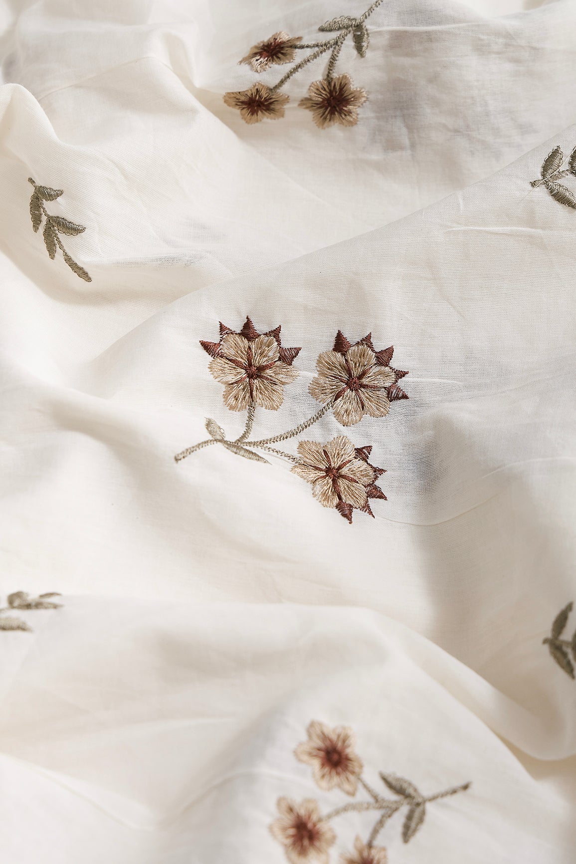Coffee And Beige Thread Beautiful Floral Embroidery Work On Off White Organic Cotton Fabric - doeraa