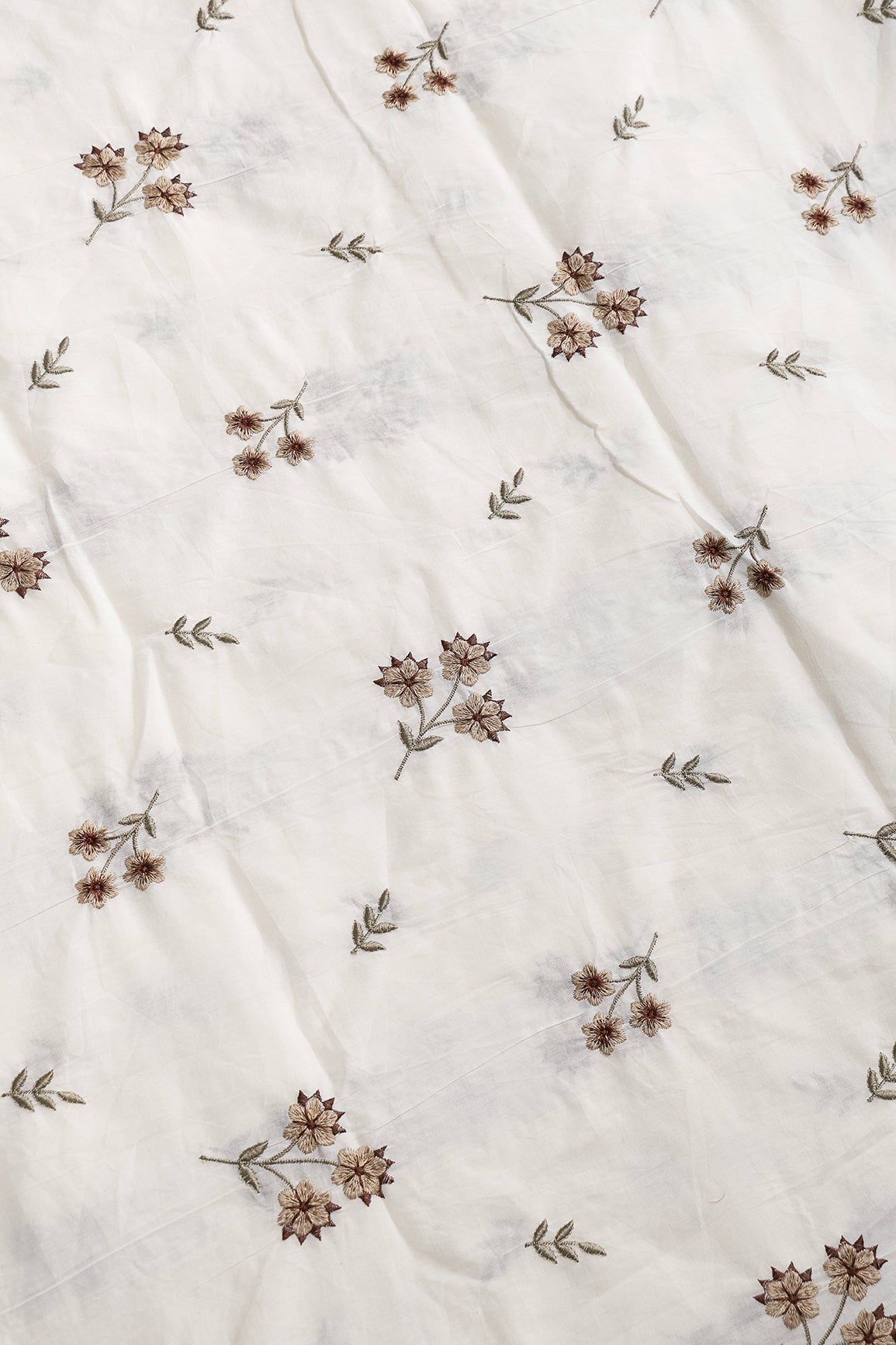 Coffee And Beige Thread Beautiful Floral Embroidery Work On Off White Organic Cotton Fabric - doeraa