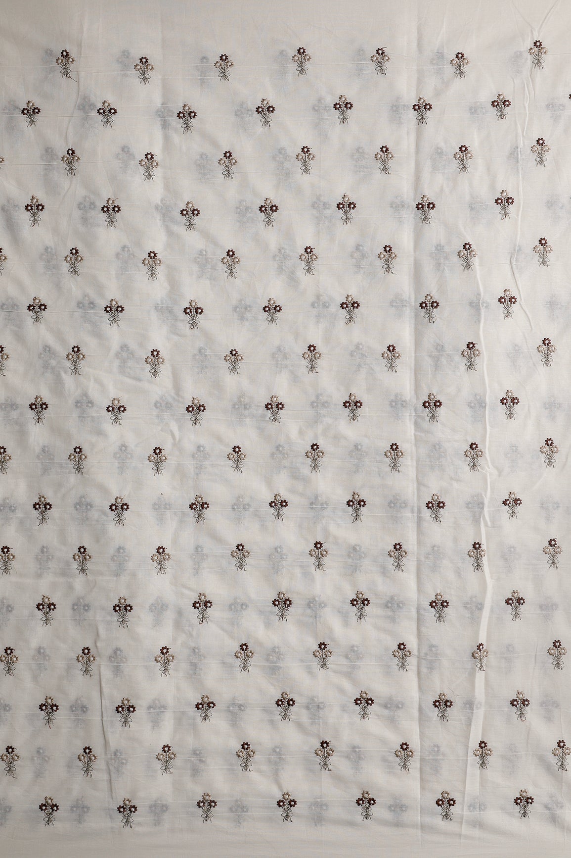Coffee And Beige Thread Small Floral Embroidery Work On Off White Organic Cotton Fabric - doeraa
