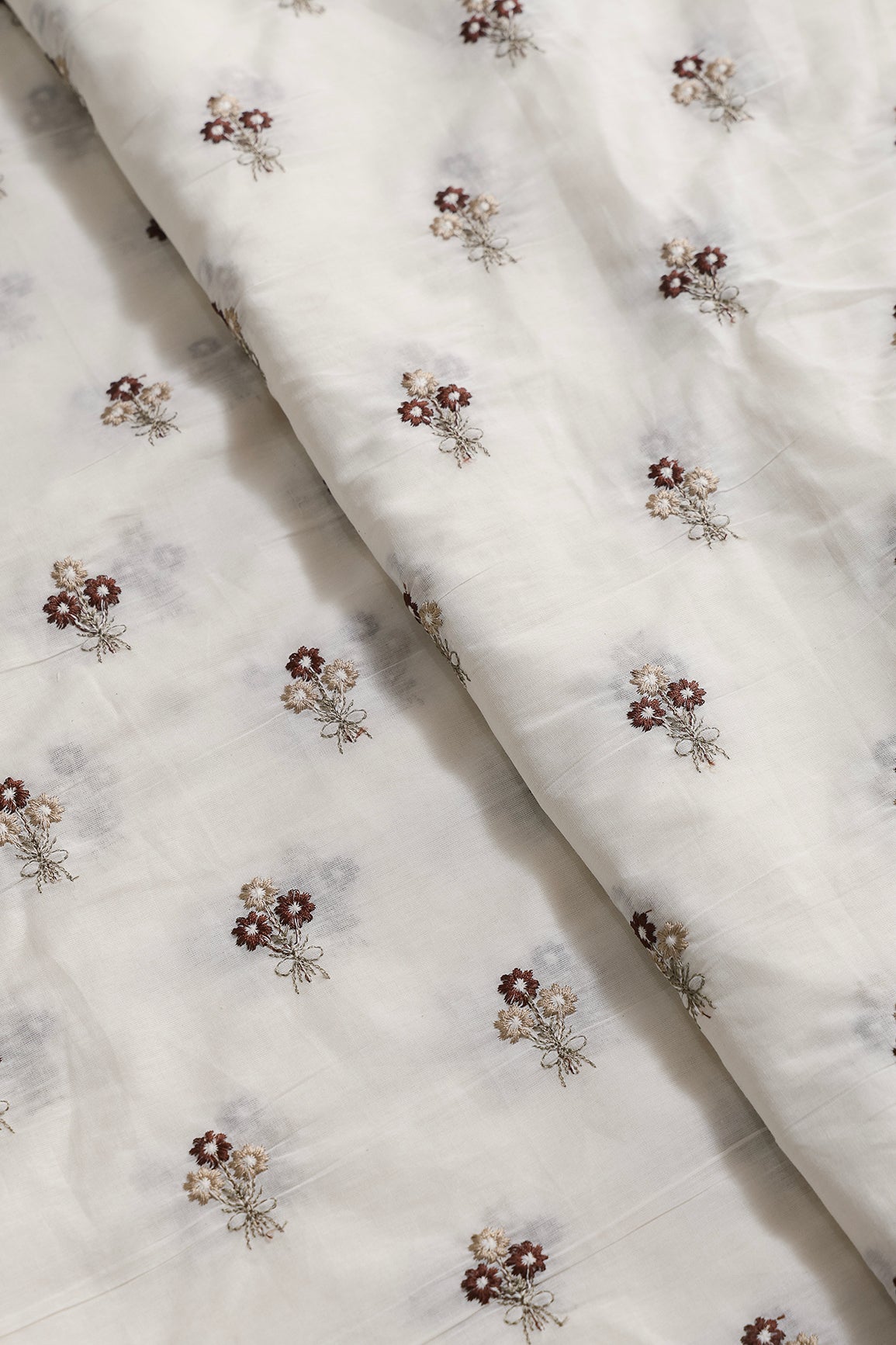Coffee And Beige Thread Small Floral Embroidery Work On Off White Organic Cotton Fabric - doeraa