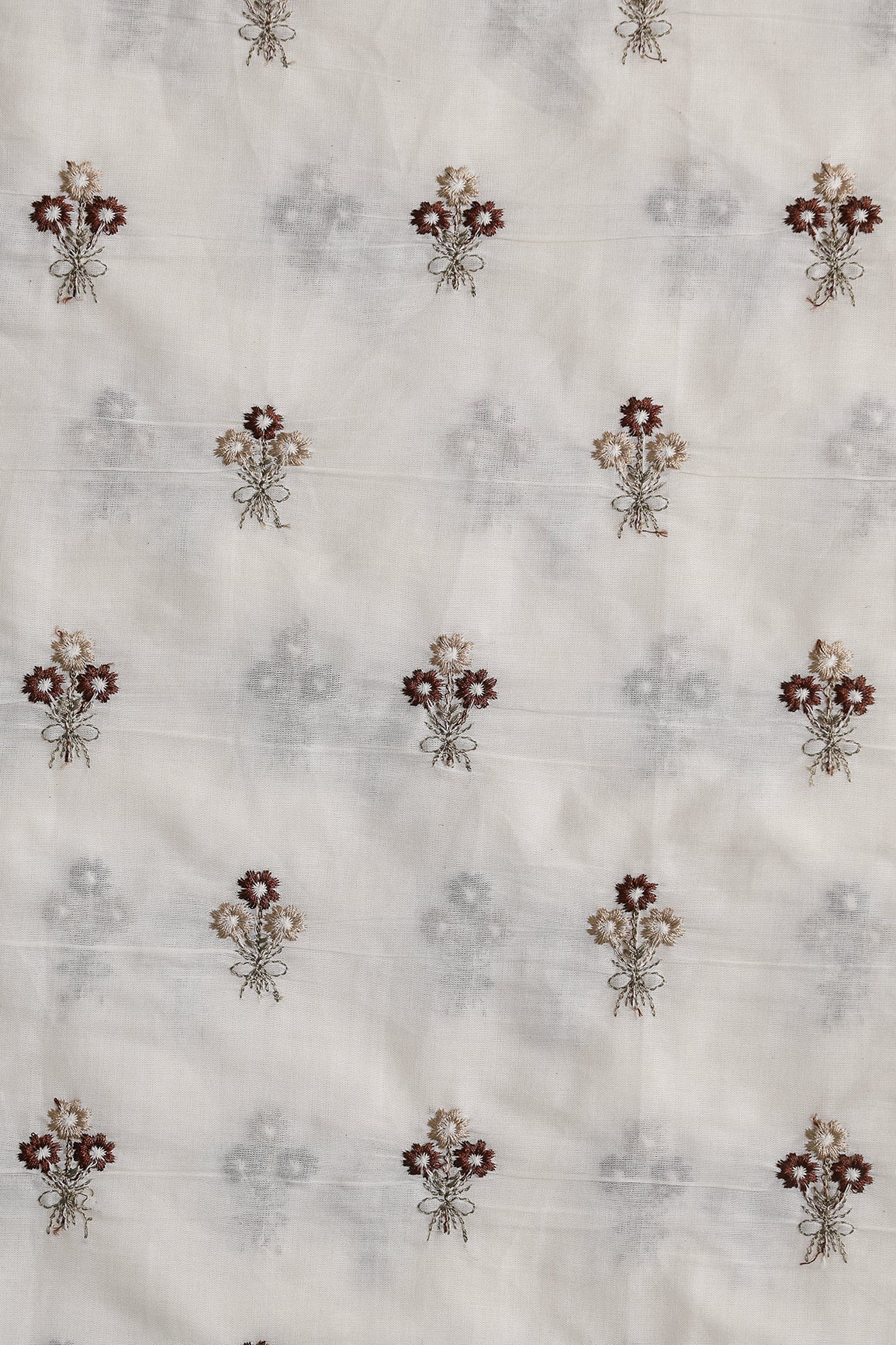 Coffee And Beige Thread Small Floral Embroidery Work On Off White Organic Cotton Fabric - doeraa