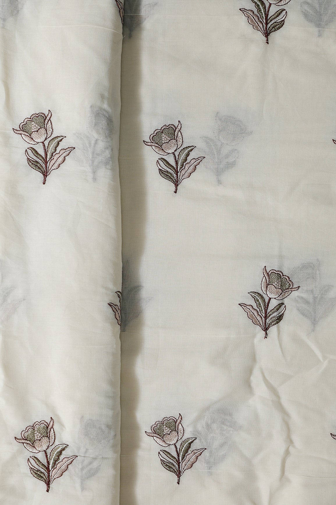 Coffee And Olive Thread Beautiful Floral Embroidery Work On Off White Organic Cotton Fabric - doeraa