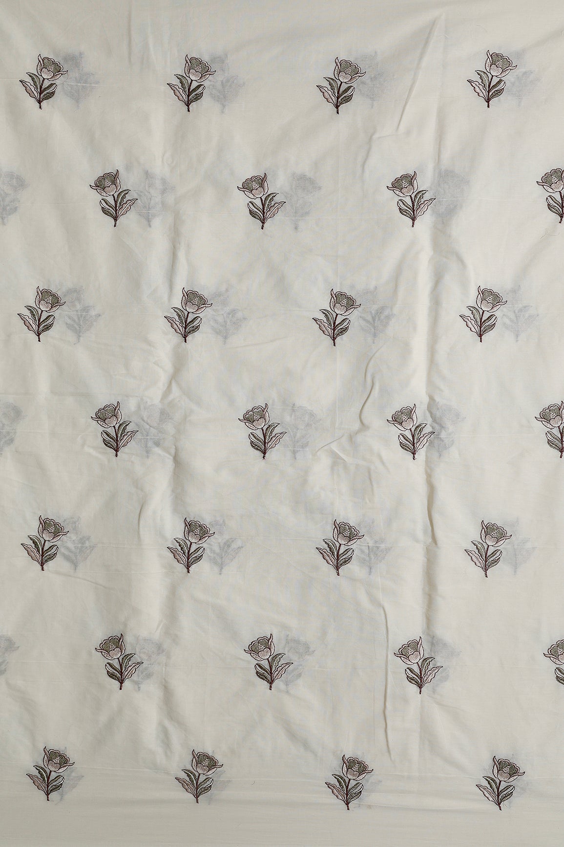 Coffee And Olive Thread Beautiful Floral Embroidery Work On Off White Organic Cotton Fabric - doeraa