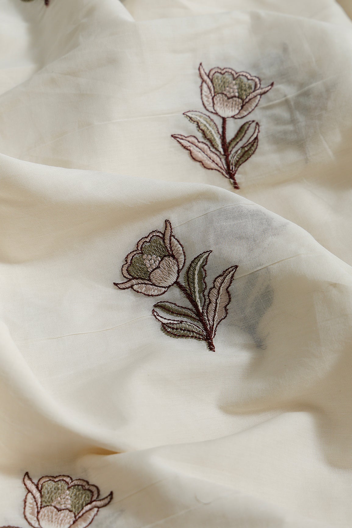 Coffee And Olive Thread Beautiful Floral Embroidery Work On Off White Organic Cotton Fabric - doeraa