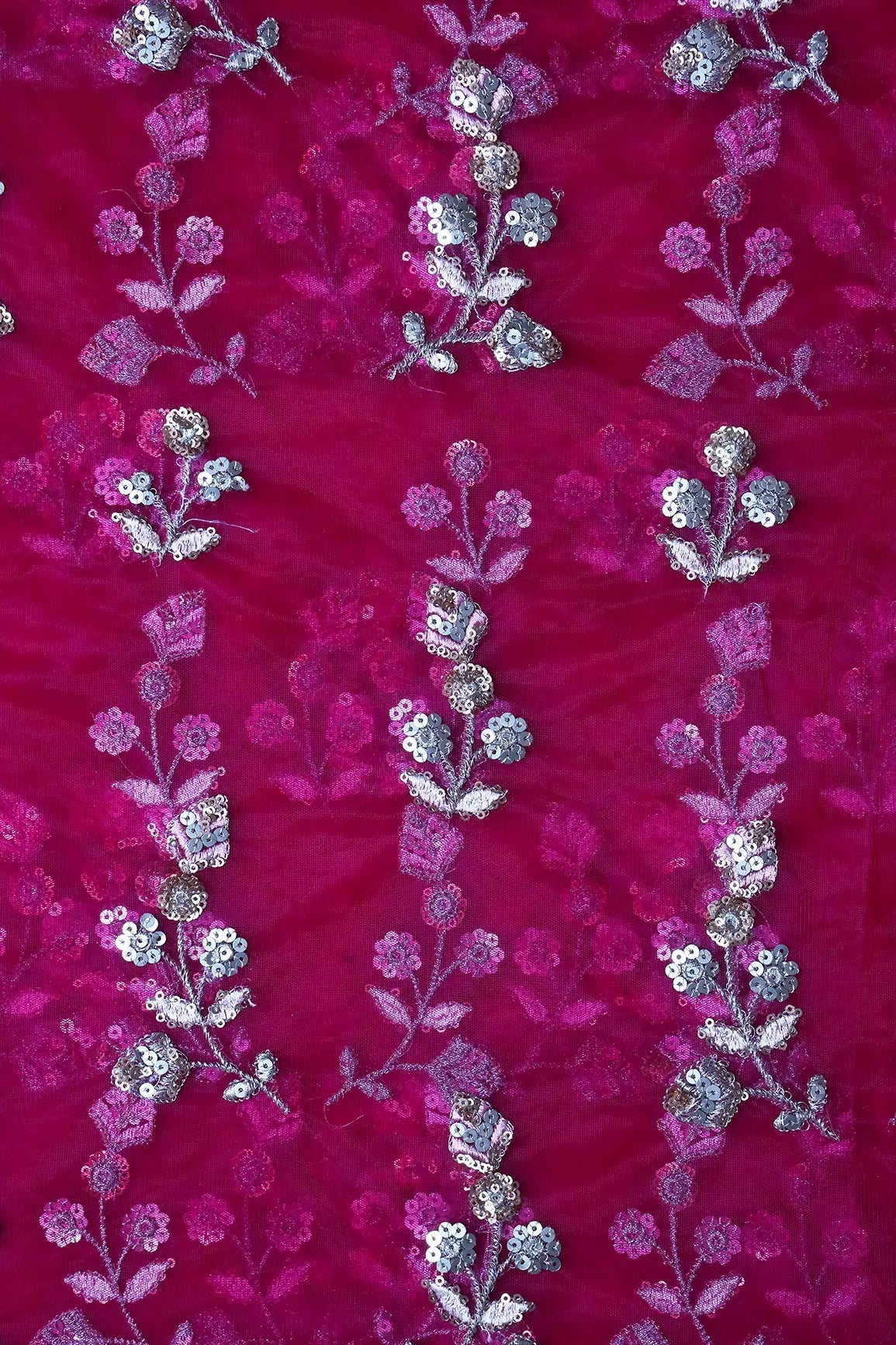 Copper And Gold Sequins Floral Embroidery On Fuchsia Soft Net Fabric - doeraa