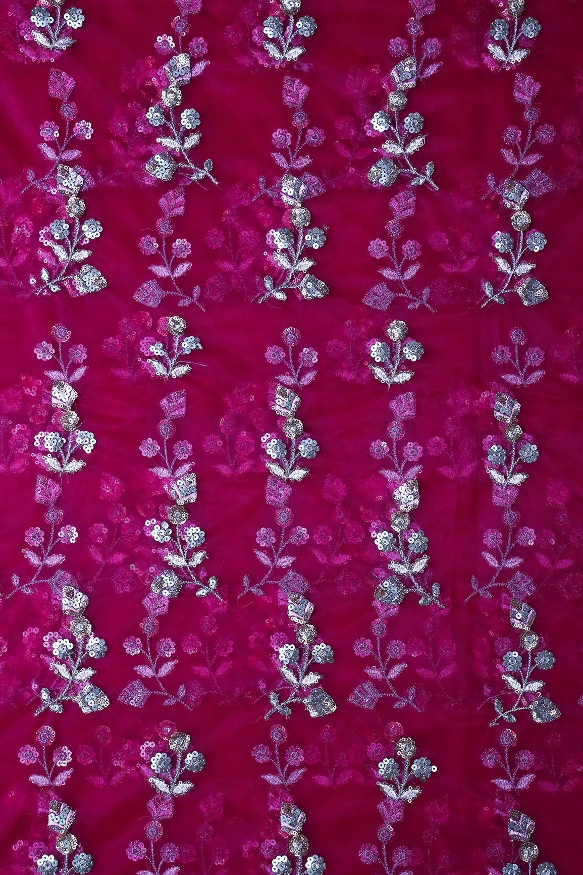 Copper And Gold Sequins Floral Embroidery On Fuchsia Soft Net Fabric - doeraa