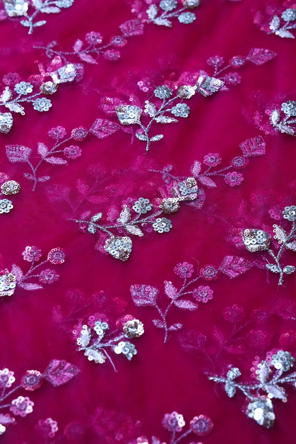 Copper And Gold Sequins Floral Embroidery On Fuchsia Soft Net Fabric - doeraa