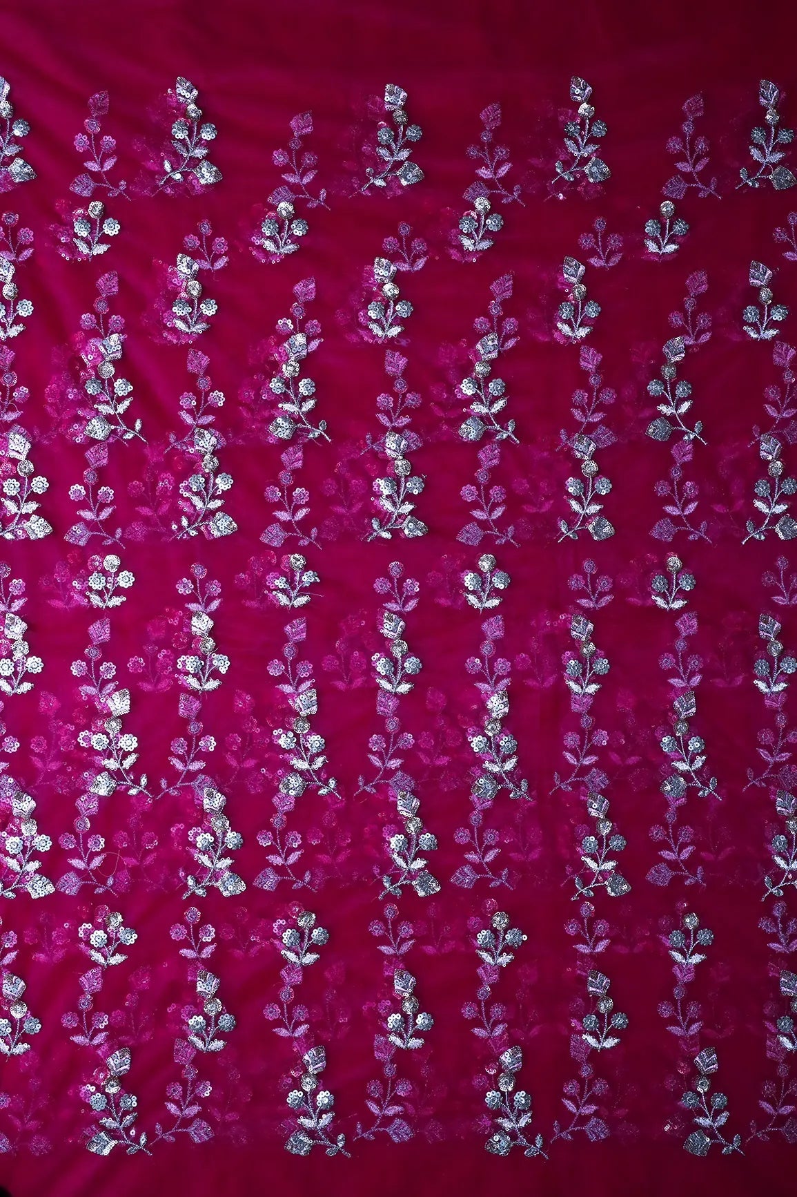 Copper And Gold Sequins Floral Embroidery On Fuchsia Soft Net Fabric - doeraa