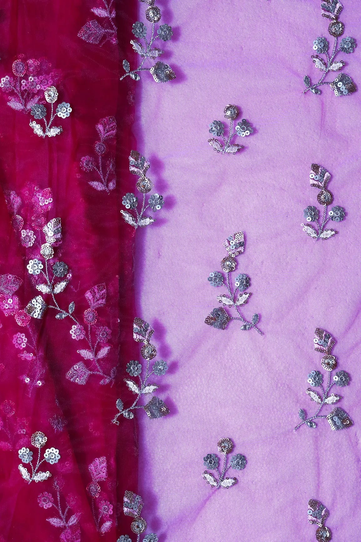 Copper And Gold Sequins Floral Embroidery On Fuchsia Soft Net Fabric - doeraa