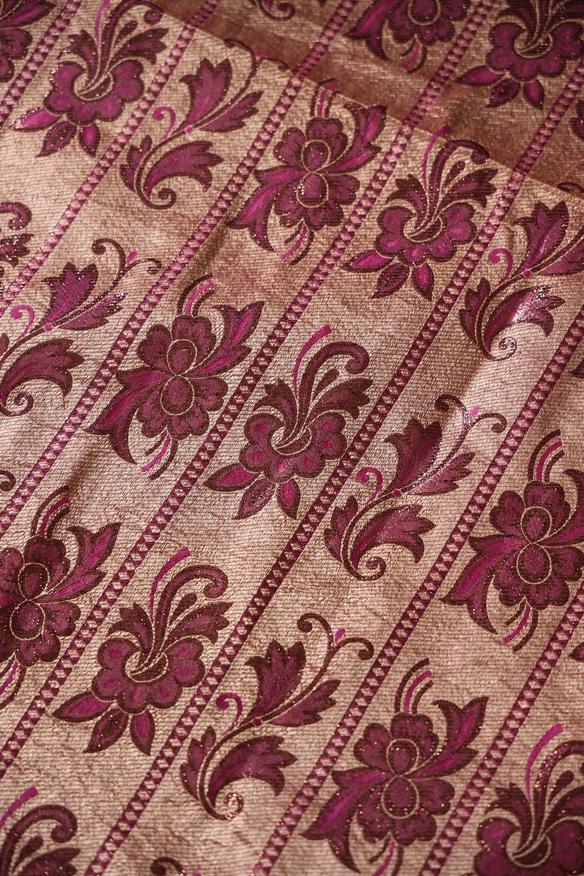 Copper Gold And Fuchsia Floral Banarasi Zari Jacquard Fabric - doeraa