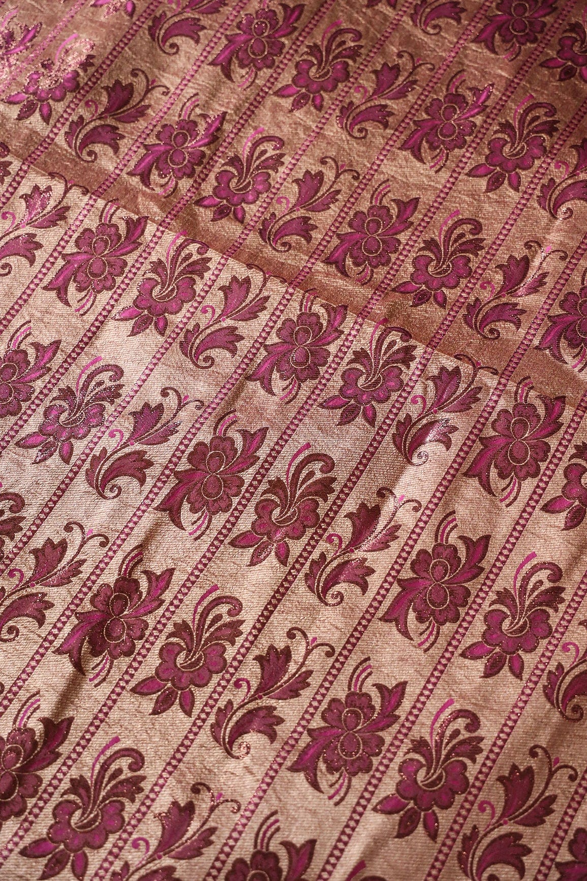 Copper Gold And Fuchsia Floral Banarasi Zari Jacquard Fabric - doeraa