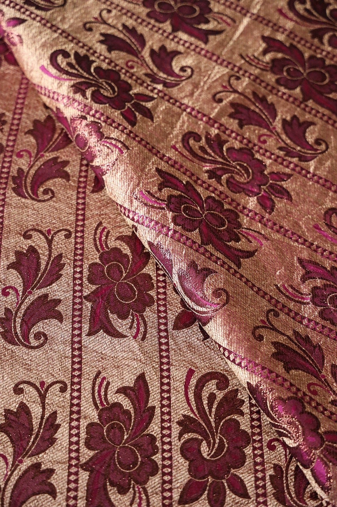 Copper Gold And Fuchsia Floral Banarasi Zari Jacquard Fabric - doeraa