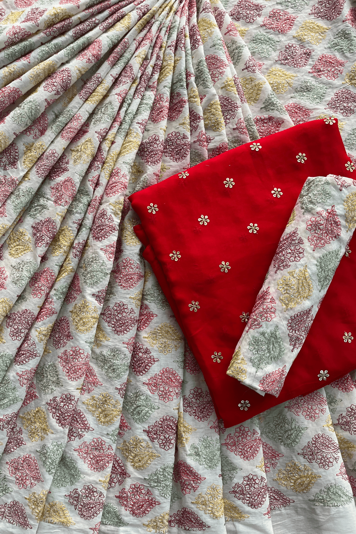 Lehenga Sets Cotton Embroidery Lehenga Set Off White And Red Unstitched Lehenga Set Fabric (3 Piece)