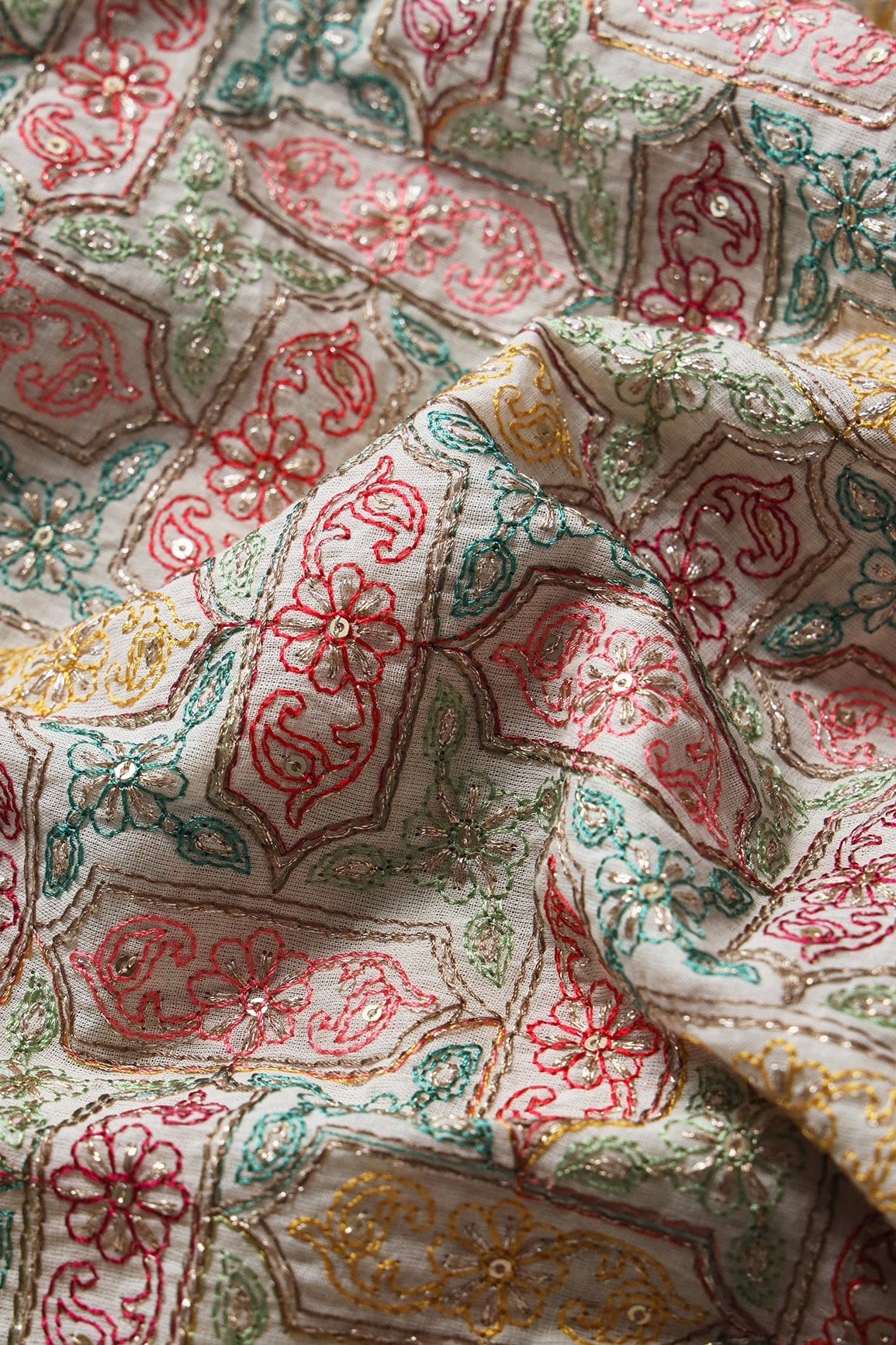 Lehenga Sets Cotton Embroidery Lehenga Set Off White And Teal Unstitched Lehenga Set Fabric (3 Piece)