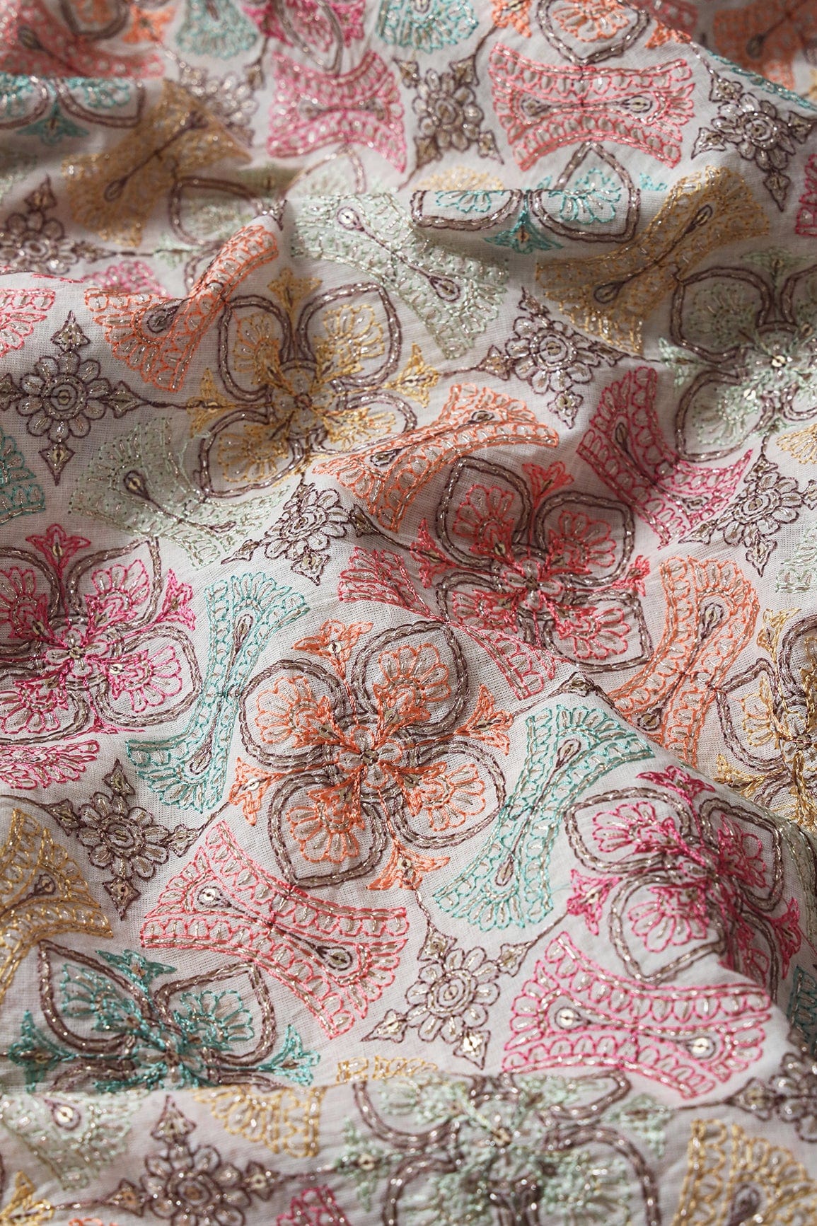 Lehenga Sets Cotton Embroidery Lehenga Set Off White And Thulian Pink Unstitched Lehenga Set Fabric (3 Piece)