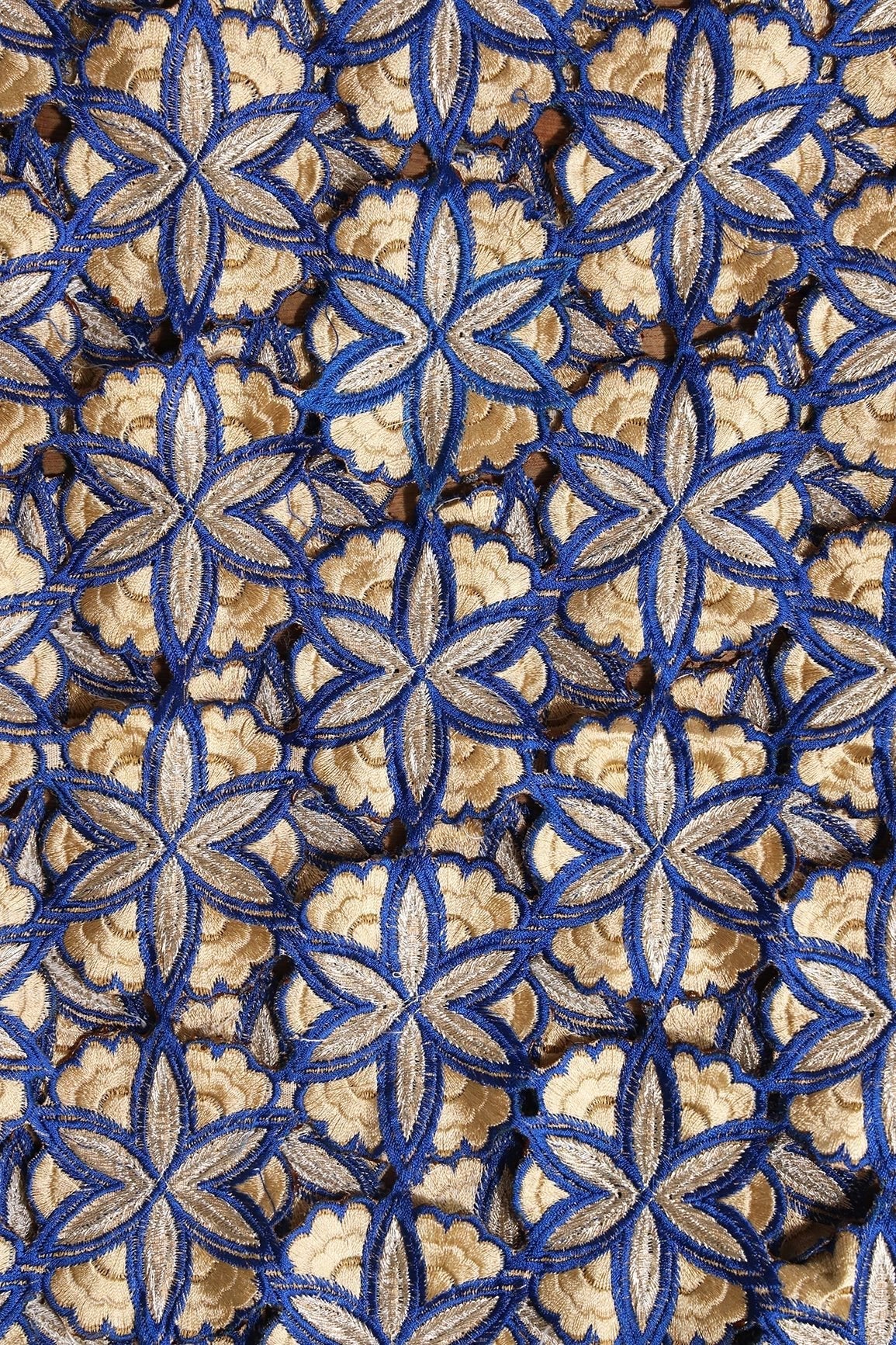 Cream And Blue Thread Floral Embroidery Royal Blue Cut Work Fabric - doeraa