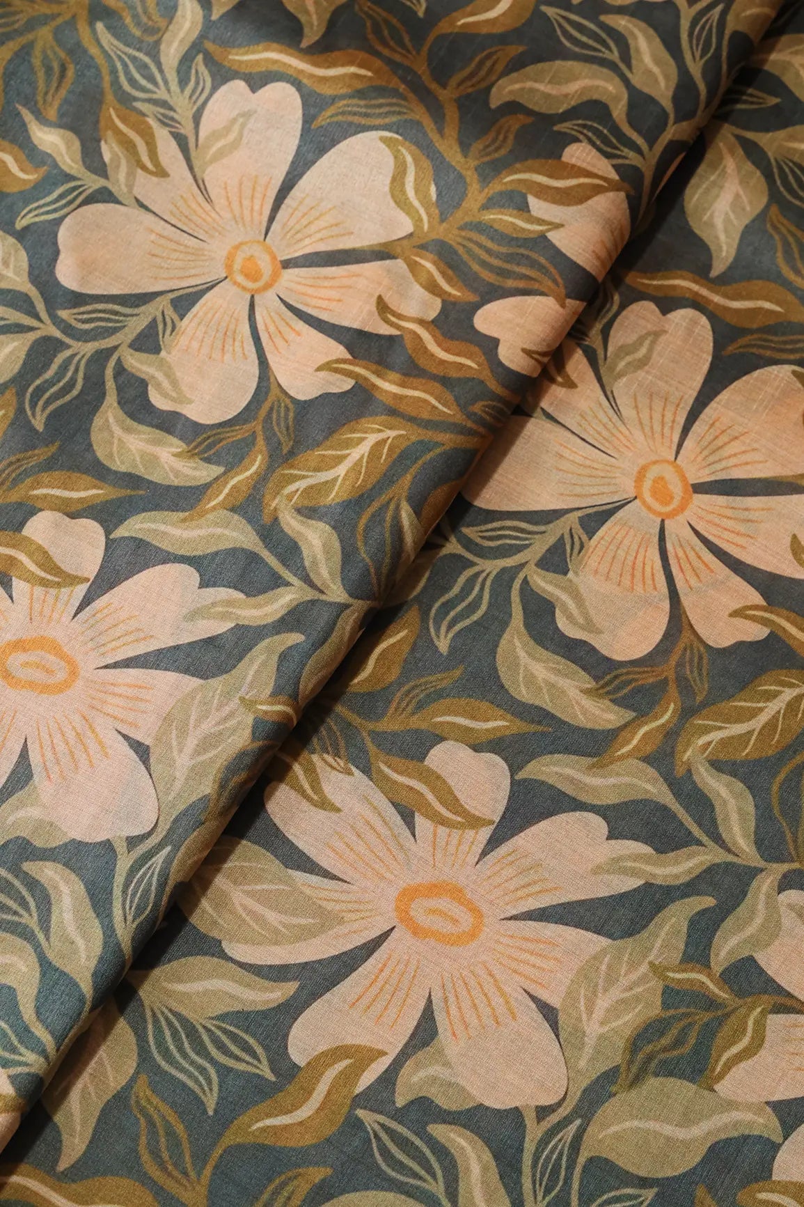 Cream And Dark Grey Floral Pattern Digital Print On Mulberry Silk Fabric - doeraa
