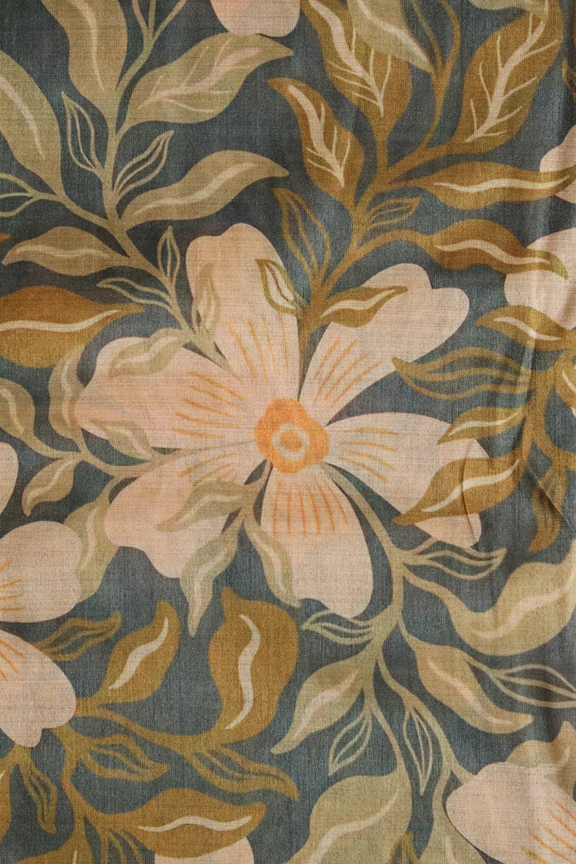Cream And Dark Grey Floral Pattern Digital Print On Mulberry Silk Fabric - doeraa