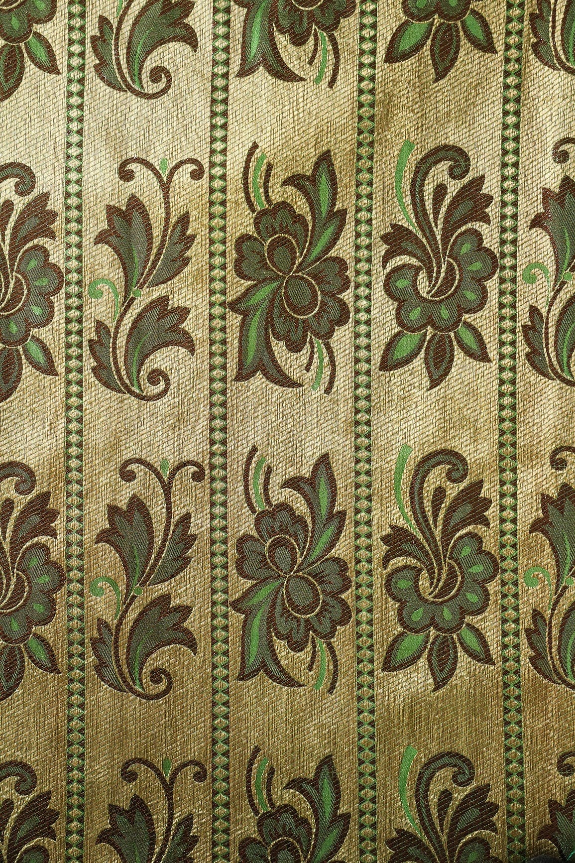 Cream And Green Floral Banarasi Zari Jacquard Fabric - doeraa