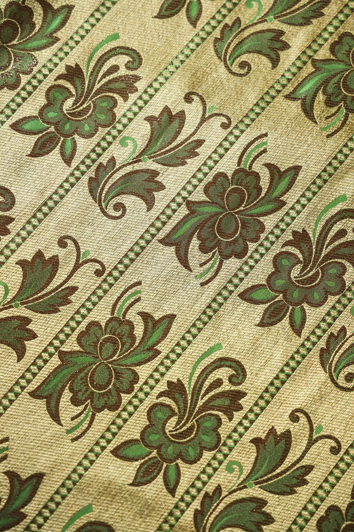 Cream And Green Floral Banarasi Zari Jacquard Fabric - doeraa
