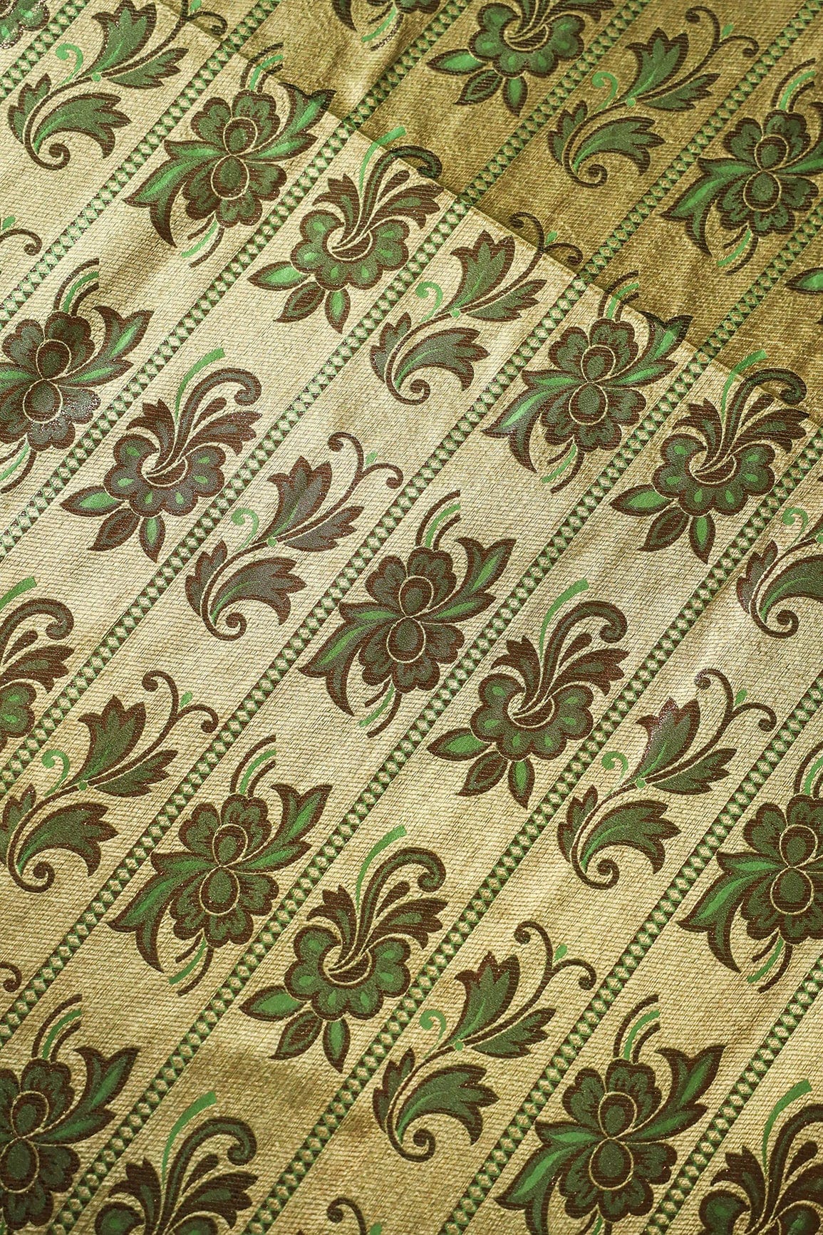 Cream And Green Floral Banarasi Zari Jacquard Fabric - doeraa