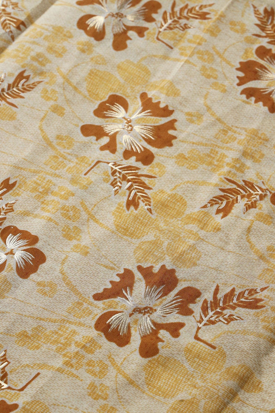 Cream And Light Brown Floral Foil Print On Viscose Chanderi Silk Fabric - doeraa