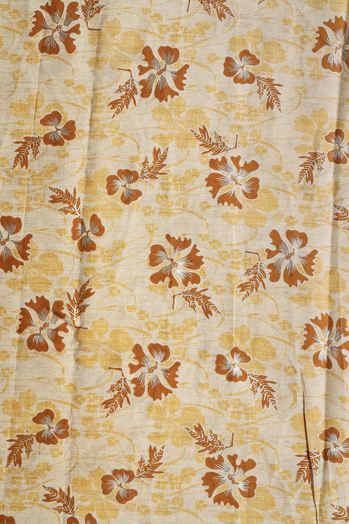 Cream And Light Brown Floral Foil Print On Viscose Chanderi Silk Fabric - doeraa