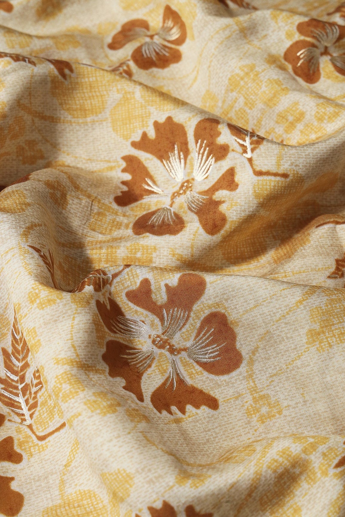 Cream And Light Brown Floral Foil Print On Viscose Chanderi Silk Fabric - doeraa