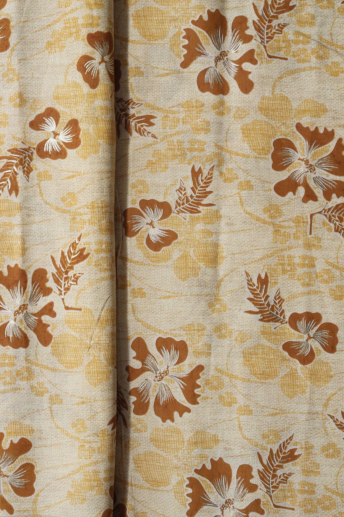 Cream And Light Brown Floral Foil Print On Viscose Chanderi Silk Fabric - doeraa
