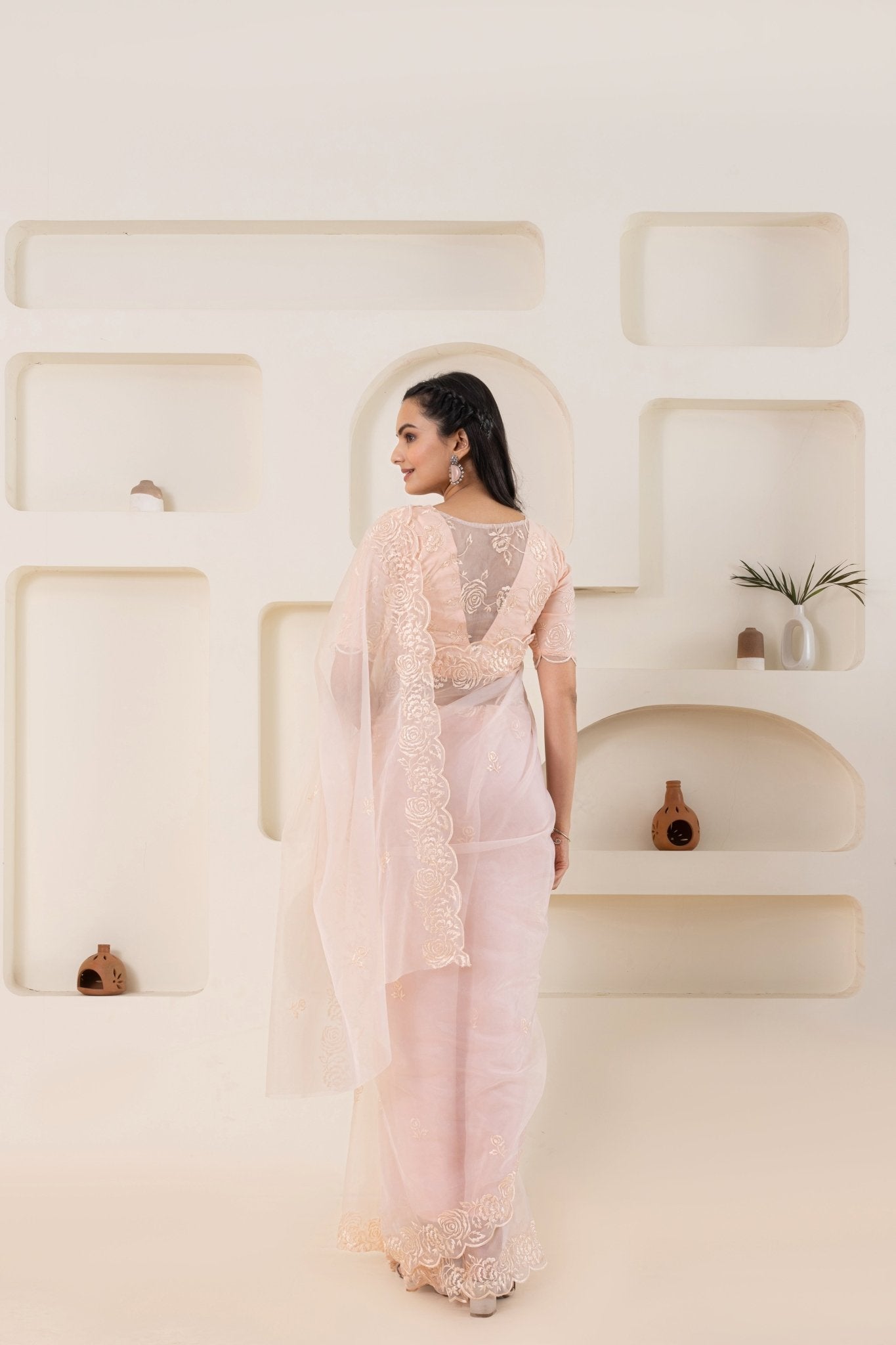 Cream Embroidery Saree Set (Saree With Blouse Piece) - doeraa