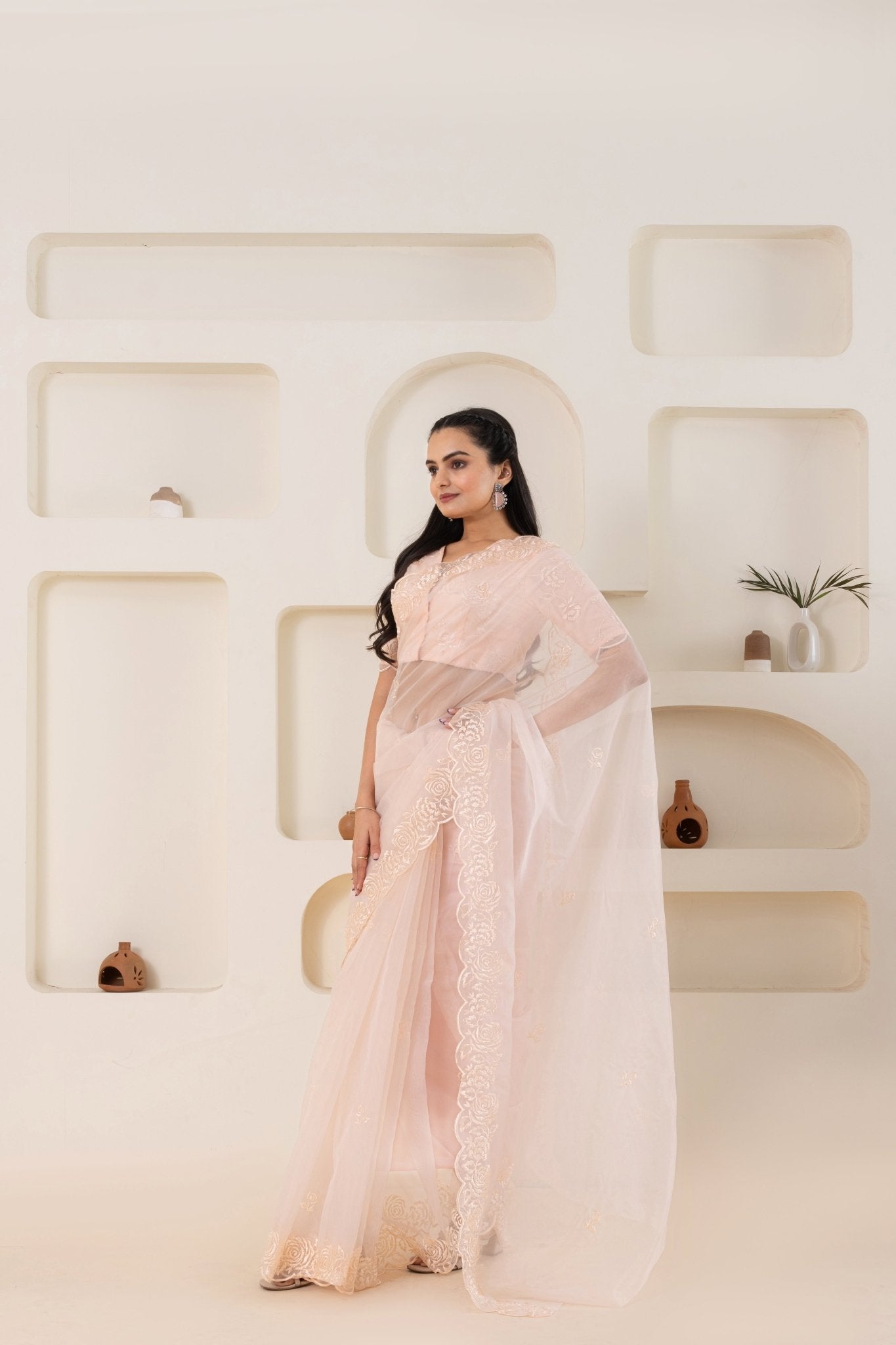 Cream Embroidery Saree Set (Saree With Blouse Piece) - doeraa