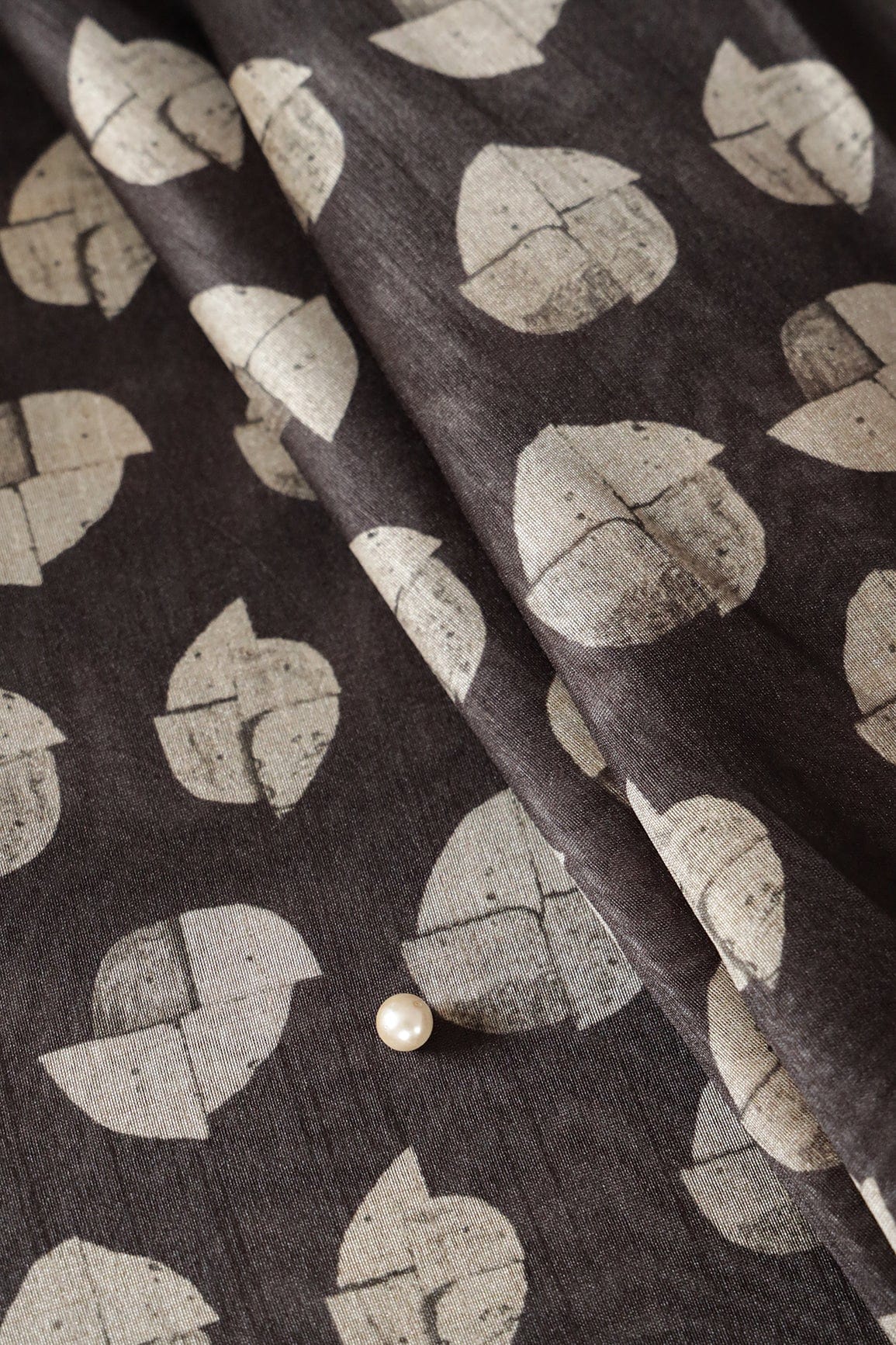 Cream Geometric Digital Print On Black Tussar Silk Fabric - doeraa