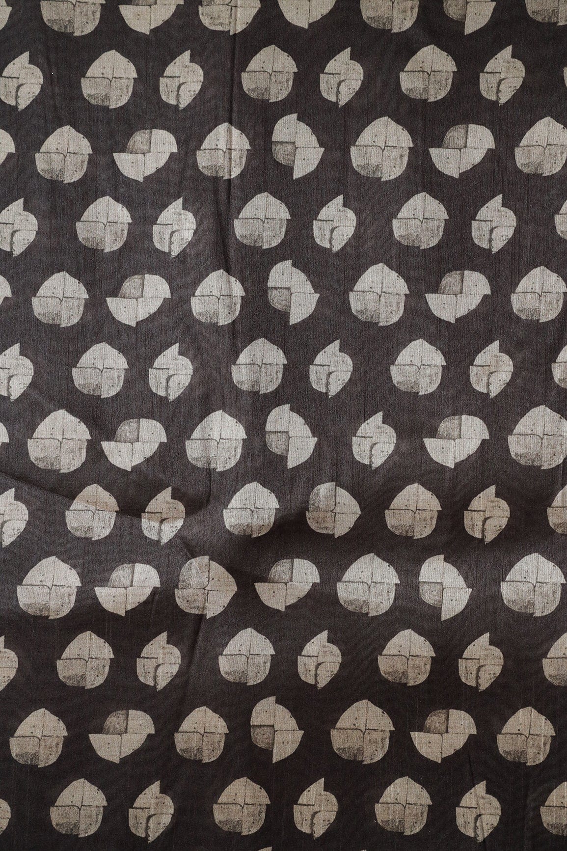 Cream Geometric Digital Print On Black Tussar Silk Fabric - doeraa