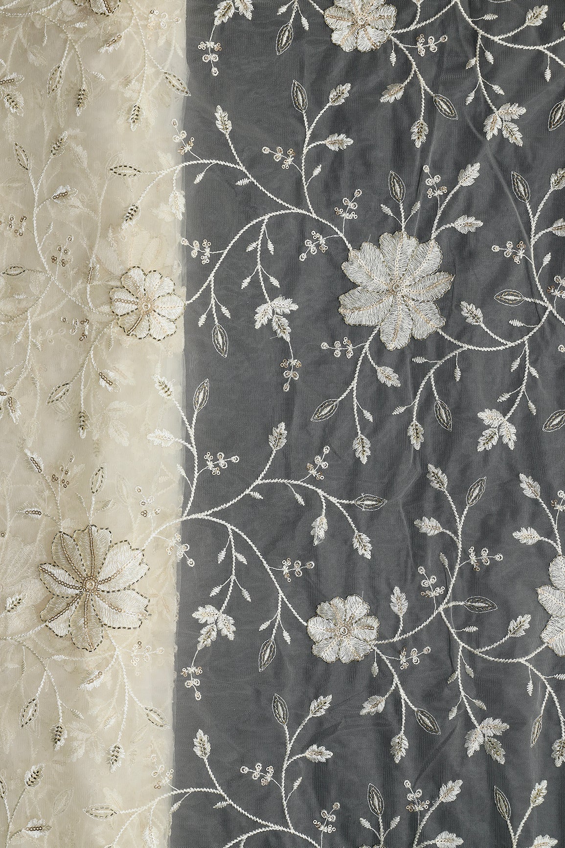 Cream Thread & Beads With Gold Sequins Floral Leafy Embroidery Work On Cream Soft Net Fabric - doeraa