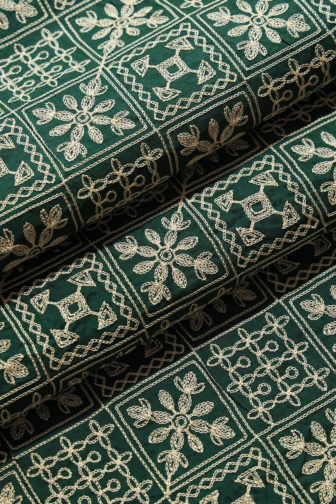Cream Thread Geometric Embroidery Work On Bottle Green Viscose Muslin Silk Fabric - doeraa