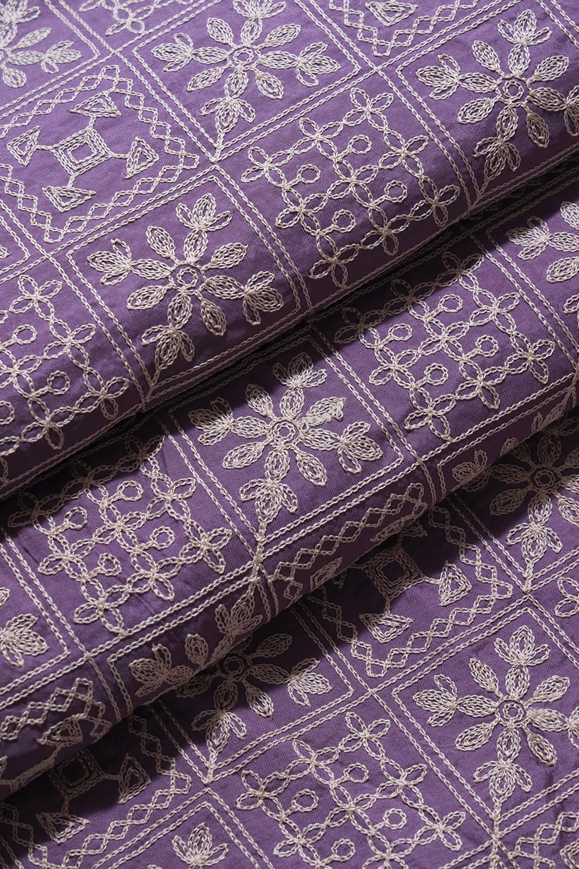 Cream Thread Geometric Embroidery Work On Lavender Viscose Muslin Silk Fabric - doeraa