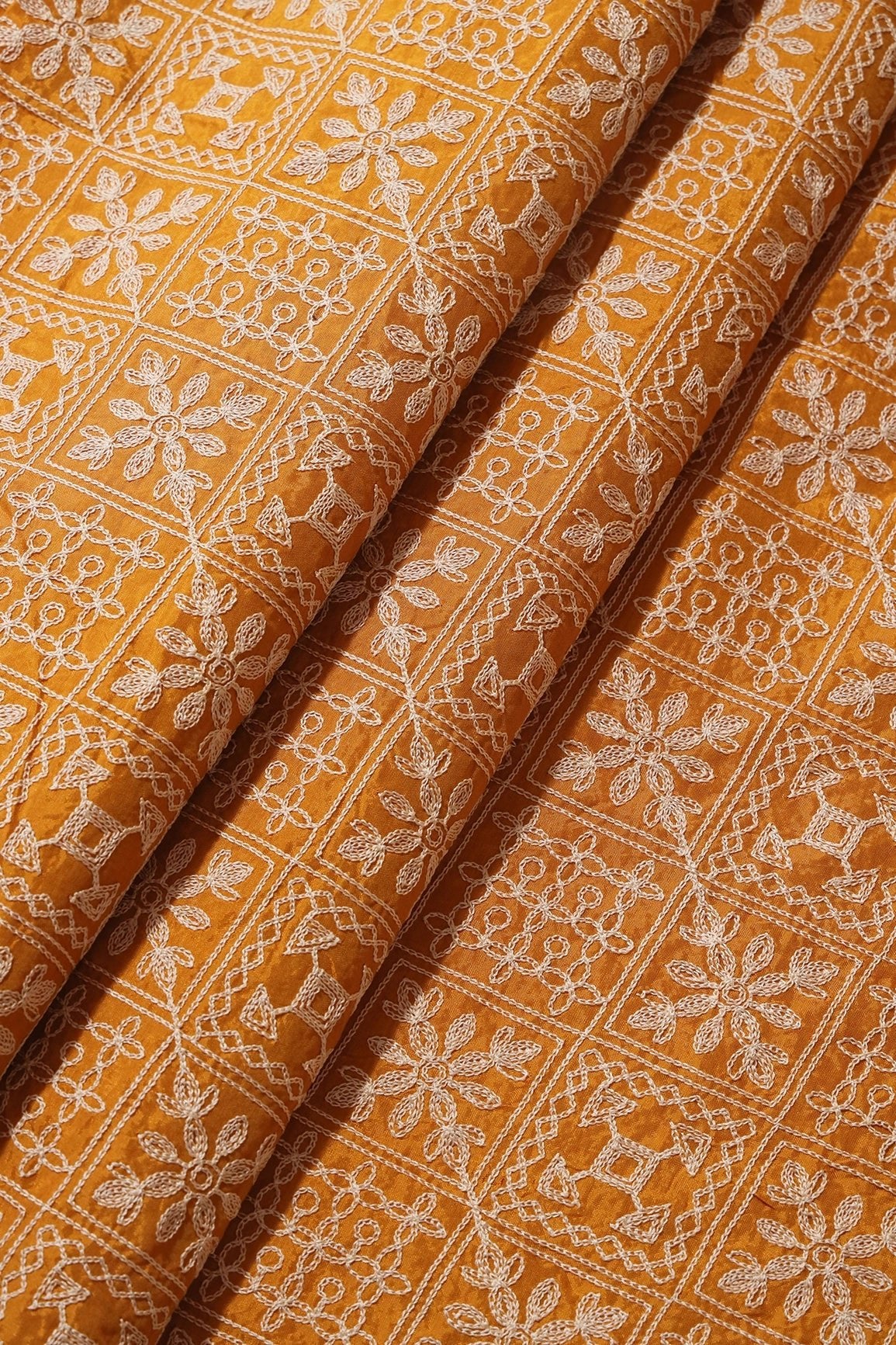 Cream Thread Geometric Embroidery Work On Mustard Viscose Muslin Silk Fabric - doeraa