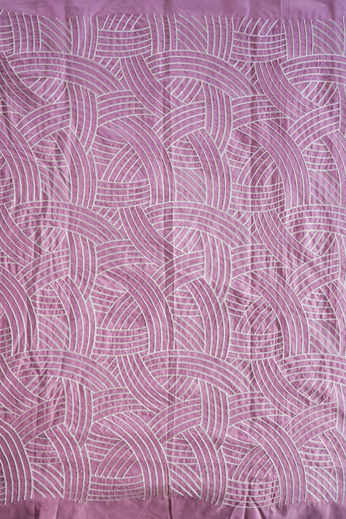 Cream Thread Geometric Pattern Heavy Embroidery Work On Baby Pink Cotton Fabric - doeraa